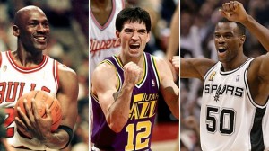 jordan_stockton_robinson Michael Jordan was named NBA regular-season MVP five times; John Stockton holds the all-time record for assists and steals; and David Robinson was the 1995 league MVP. (GETTY IMAGES)